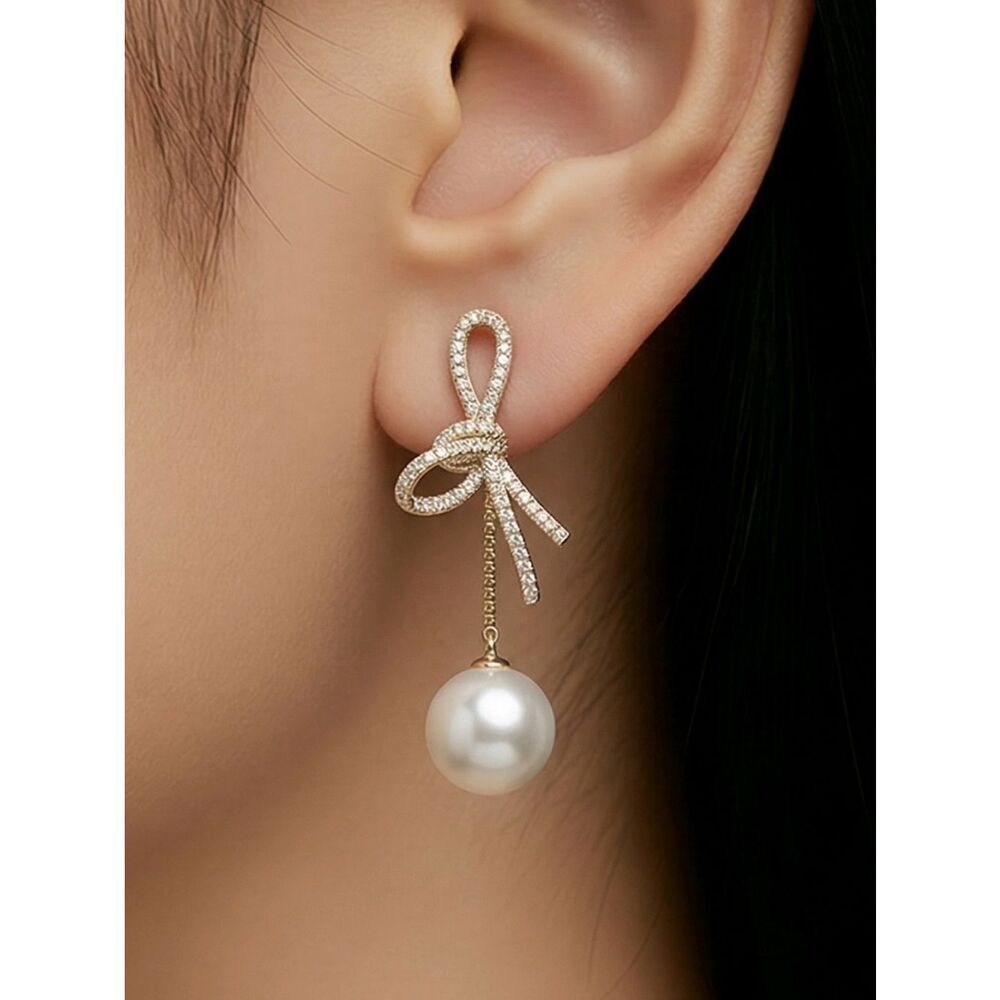 Dainty Gold Rhinestone Pearl Bow Drop Earrings Sparkly Elegant NWT Bridal Prom
